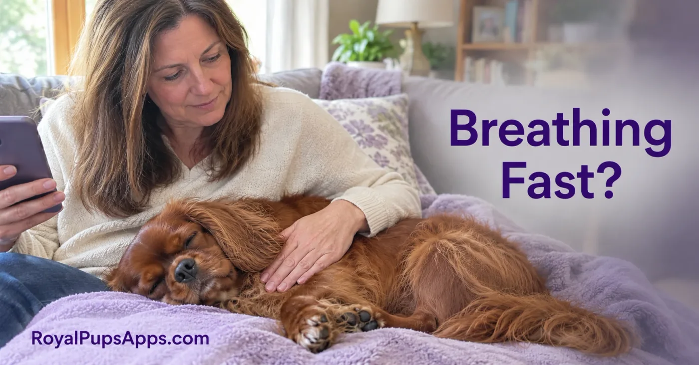 Dog parent resting her hand on her sleeping ruby Cavalier King Charles Spaniel on a lavender blanket, checking his breathing